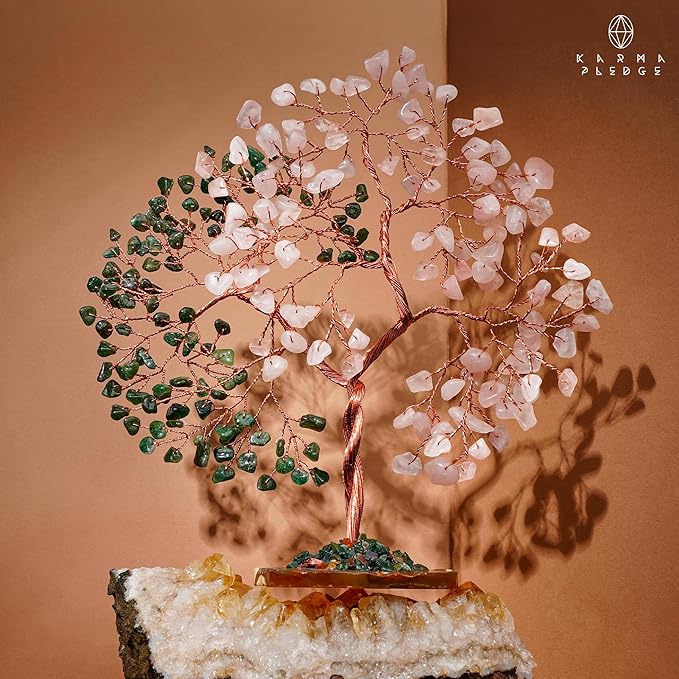 Crystal Tree for Women Office Decor, Handmade Green Aventurine & Rose Quartz Healing Stones Tree of Life for Positive Energy, Money, Good Luck, Feng Shui Home Decor, Spiritual Gifts for Women