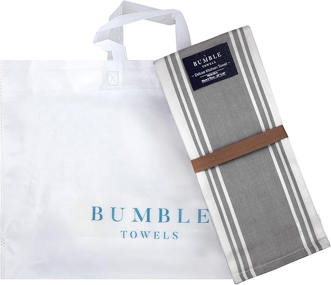 Premium Kitchen Towels (20”x 28”, 6 Pack) | Large Kitchen Hand Towels | Kitchen Towels Cotton | Flat & Terry Towel | Highly Absorbent Tea Towels Set with Hanging Loop | Wide Stripe Grey