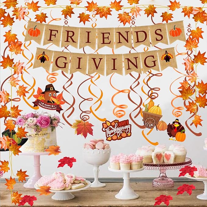 FRIENDSGIVING Burlap Banner Paper Triangular Bunting Maple leaf Garland Plastic Streamer for Thanksgiving Day Party Decoration