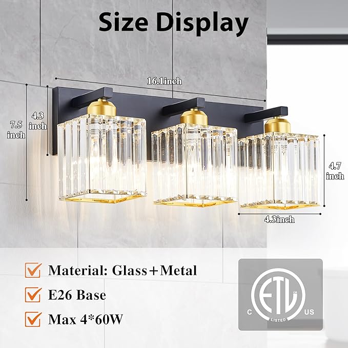 Bathroom Vanity Light Fixtures Over Mirror - Makeup Lighting Black Gold - for Modern Wall, Bath, Desk, Farmhouse, Hallway 3 Crystal Lights
