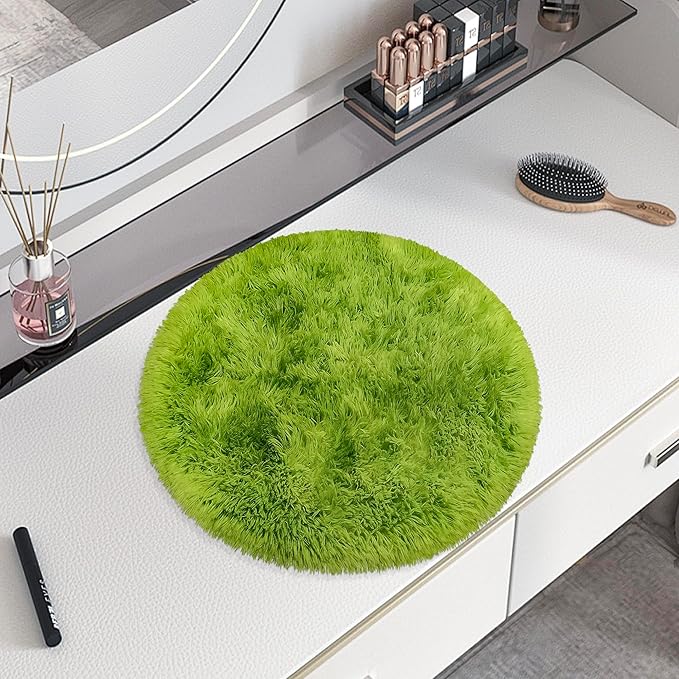 Tie Dye Green Round Rugs Small 2x2 ft Fluffy Circle Rug Furry Carpet Shaggy Circular Fuzzy Plush Area Rug for Girls Bedroom Kids Room Nursery Cute Room Decor Chair Cushion Pet mat Doormat