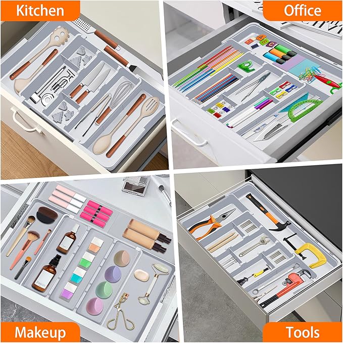 Large Utensil Drawer Organizer Expandable Silverware Organizer for Kitchen Drawer Adjustable Cooking Utensil Holder Cutlery Flatware Tray Spatula Tools Gadgets Storage Dividers Plastic Grey