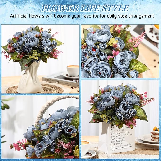 Geosar 8 Bundles Artificial Peonies Flowers Fake Silk Peony Bouquet Faux Peonies Flowers Bulk for Decoration Vase Florals Arrangements Wedding Party Table (Blue)