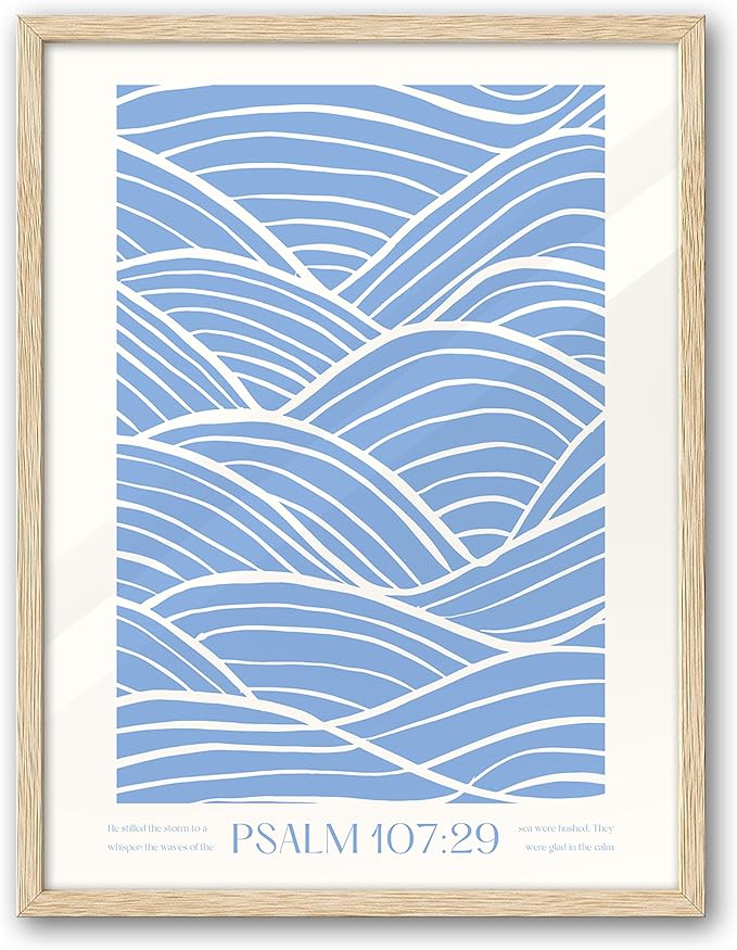 EcoHest Modern Christian Ocean Waves Framed Wall Art, 12x16 in OAK Wood Christian Psalm 107:29 Canvas Wall Art, Beige Logs Storm Home Decor Set of 1 for Bedroom Living Room