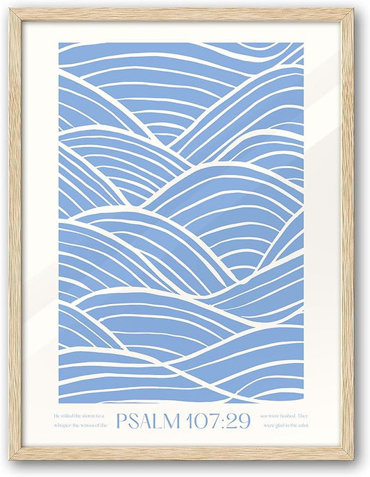 EcoHest Modern Christian Ocean Waves Framed Wall Art, 12x16 in OAK Wood Christian Psalm 107:29 Canvas Wall Art, Beige Logs Storm Home Decor Set of 1 for Bedroom Living Room