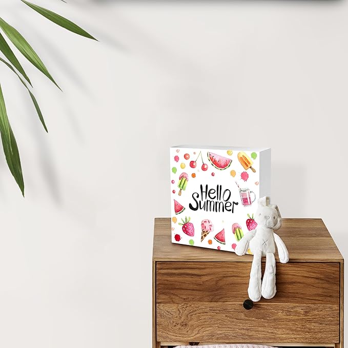 Hello Summer Decor,Wooden Plaque Sign Box for Desk Home Bedroom Office 5x5 Inches.(061)