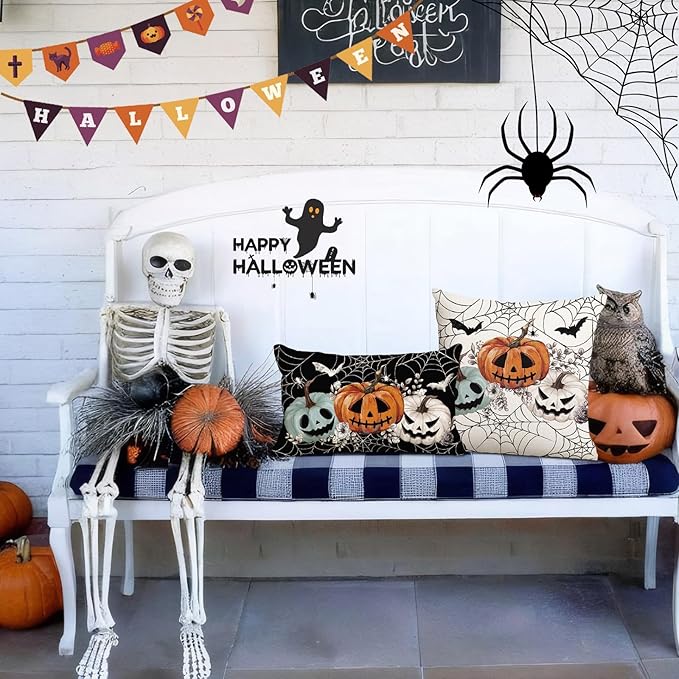 Baccessor Halloween Pillow Cover 18x18 Inch, Pumpkins Bats Spider Web Pillow Case Halloween Decor for Cushion Sofa Couch Indoor Outdoor Decoration 1 Piece