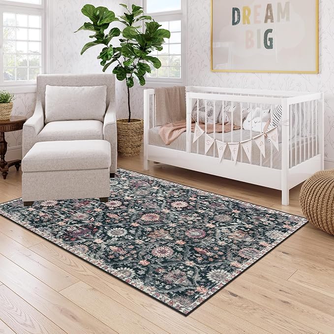 Lahome Moroccan Machine Washable Rugs for Living Room, 4x6 Rug for Bedroom Non-Slip Vintage Trellis Ultra-Thin Throw Carpet for Dining Room Office Nursery, Black/Multi