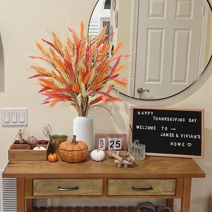 Sggvecsy Artificial Fall Flowers 6 Pcs 17.5 inch Floral Arrangement Fake Floral Stems Autumn Leaves Branches Fall Plastic Bouquets with Grain for Thanksgiving Home Table Centerpieces Wedding Decor