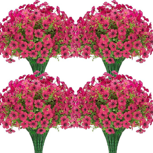 24 Bundles Artificial Flowers for Outdoors Decorations, Fake Flowers Artificial Plants Outdoor, Colorful Daisy Eucalyptus Realistic UV Resistant for Garden Patio Porch Home Decor, Rose Red
