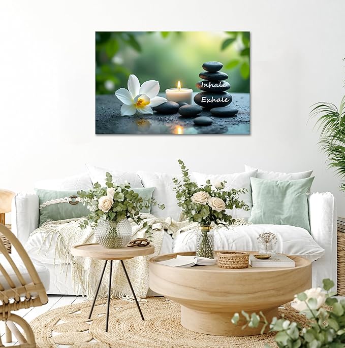 YIOZHAOFH Louts Wall Art Yoga Room Painting Zen Office Decor Women Spa Picture Calming Relax Canvas Prints Inhale Exhale Artwork Framed for Living Room Ready to Hang (28L x 44W)