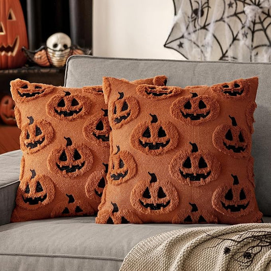 MIULEE Fall Halloween Throw Pillow Covers 18x18 Decorative Pumpkin Pattern Pillowcases Soft Plush Faux Wool Cushions for Home Patio Sofa Couch,Rust