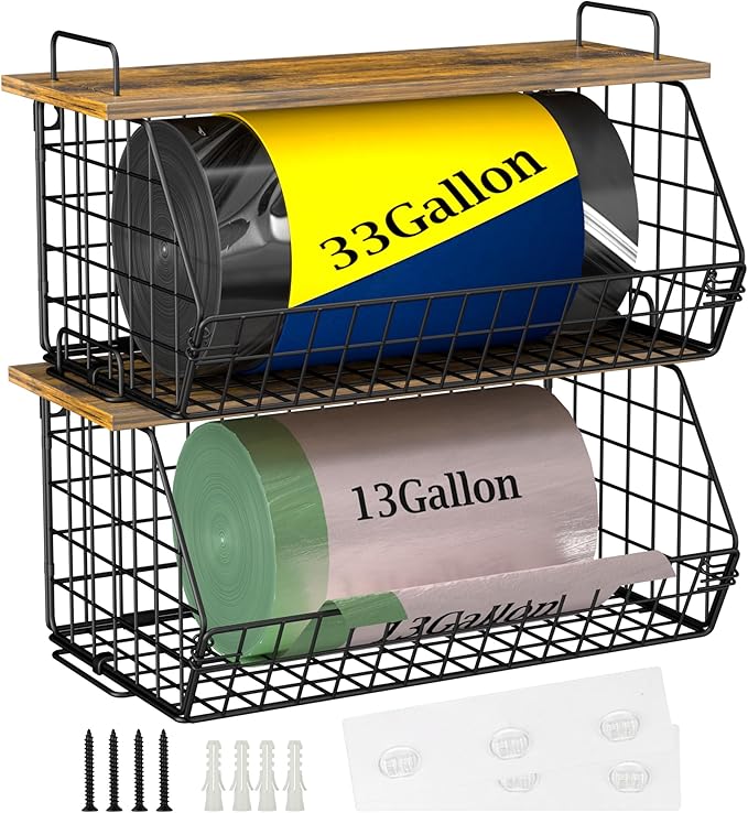 2 Pack Extra Large Kitchen Organizer Stackable Trash Bag Holder,Laundry Room Organizers Basket with Wood Top,Wall Mount Large Standard Garbage Bag Dispenser,Pantry Organizers,Under Sink Organization