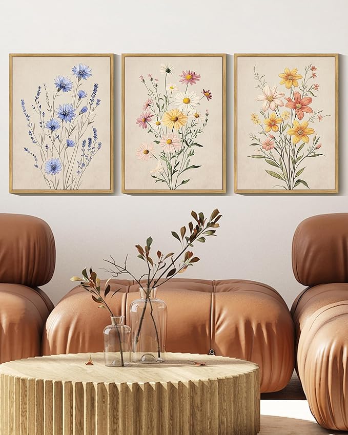KUVIOKE Vintage Wildflower Bouquet Framed Wall Art Color Botanical Flower Wall Decor Modern Colorful Floral Hanging Decor for Living Laundry Dining 11x14in (Natural Framed)