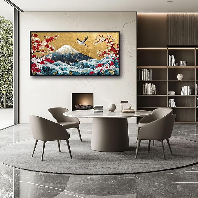 Japanese Large Wall Art for Living Room, Fuji Mountain Oversized Wall Decor Pictures, Ocean Wave Framed Canvas Print Painting, Vintage Artwork for Bedroom Office Home Decor 60"x30"