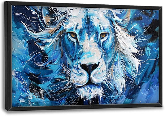 Framed Large Wall Art for Living Room, Lion Canvas Wall Decor, Blue Animal Pictures Painting, Modern Landscape Artwork for Bedroom Office 36L'' × 24W''