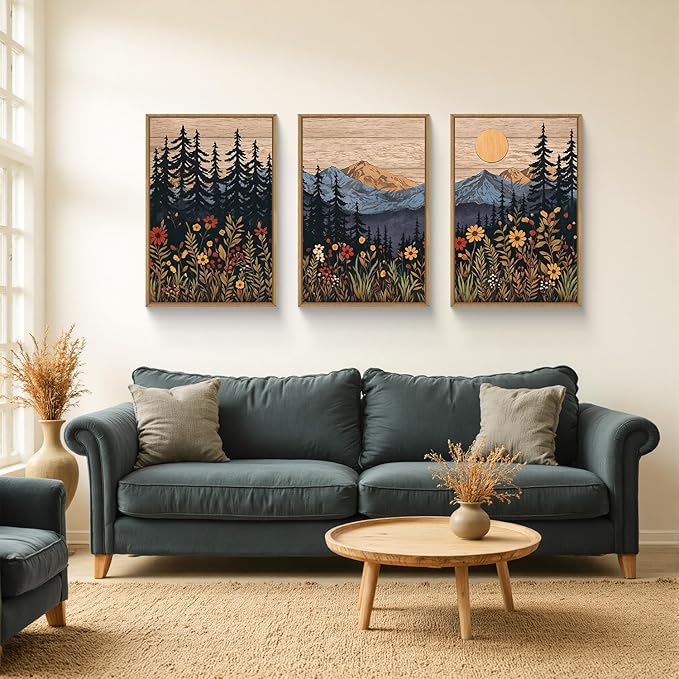 HOURIA Natural Mountain Floral Framed Canvas Wall Art,Modern Sunrise Forest Wall Decor,Boho Wildflower Woodland Landscape Artwork,Wilderness Pine Tree Field Art Print for Living Room,Office-24 x36 x3