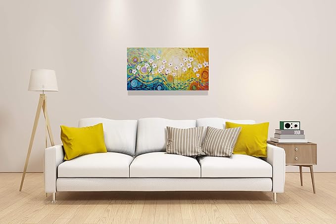 Yihui Arts White Flower Canvas Wall Art Hand Painted 3D Colorful Oil Painting Modern Aestheric Pictures for Living Room Bedroom Dinning Decoration