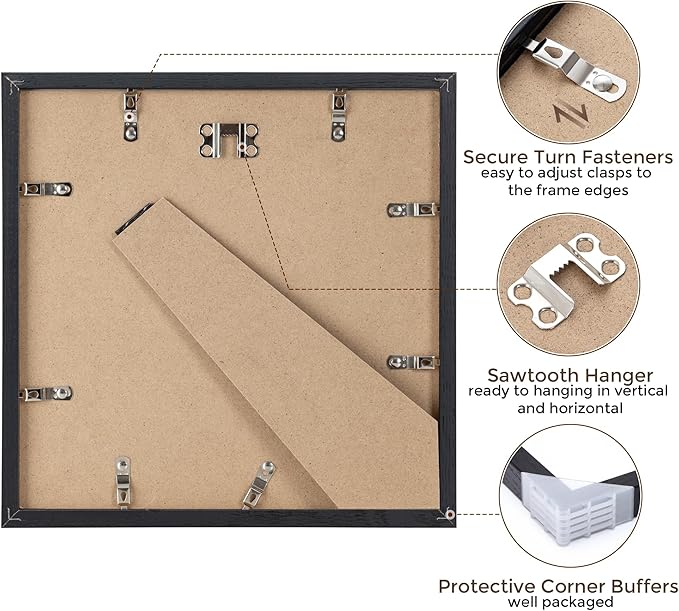 Fun Memories 10x10 Picture Frames, Square Frame 10 by 10 with Mat for 8 by 8, Rustic Oak Wood Frame 10"x10", 10 x 10 Wood Frame Set of 4, Minimalist 10x10 Photo Frames, Black Color