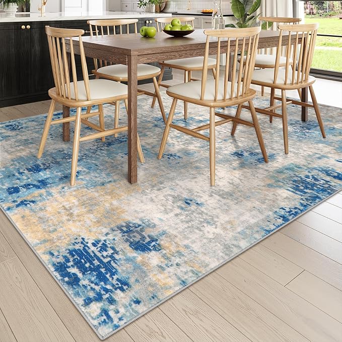 Lahome Modern Abstract Living Room Rug, Washable 8x10 Area Rugs for Bedroom Stain Resistant Non Slip, Large Blue Soft Indoor Carpet for Dining Room Table Apartment, Blue/Grey