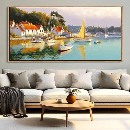 AJAZIKO Coastal Wall Art - Rustic Ocean & boat Canvas Art for Living Room & Bedroom Decor - Framed Landscape Artwork for Walls - Italian Farmhouse & Country Wall Decor Print Pictures20x40IN