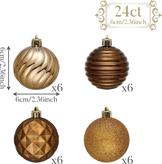 Valery Madelyn Christmas Ornaments Tree Decorations Set for Fall Halloween, 24ct Bronze Copper Brown Gold Shatterproof Ball Ornaments, 2.36" Hanging Ornament Bulk for Xmas Holiday Party Decor