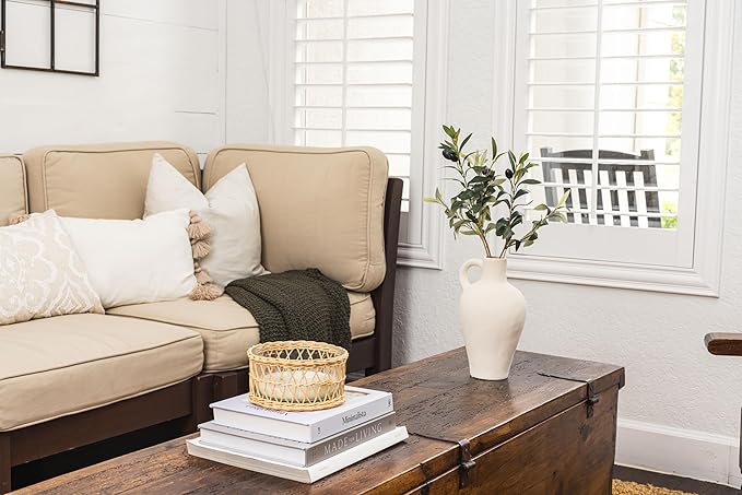 Luxurious Gift Set Textured Ceramic Vase 10 Inch with Olive Branches 22 Inch Tall White Medium Vase Artificial Topiaries Fake Plants, Minimalist Shelf Decor, Neutral Home Office High End Gifting Decor