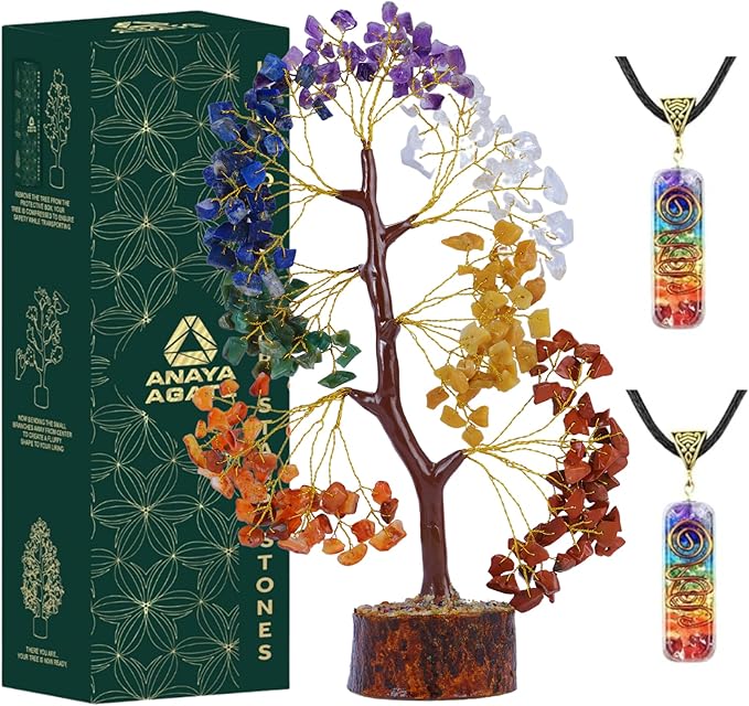 7 Chakra Crystal Tree of Life, Healing Crystal Trees for Home Decor, Office Desk Decor, Room Decor, Handmade Bonsai Tree for Positive Energy, Money, Good Luck Birthday Gifts for Women Plus 2 Necklaces
