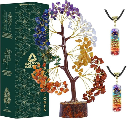 7 Chakra Crystal Tree of Life, Healing Crystal Trees for Home Decor, Office Desk Decor, Room Decor, Handmade Bonsai Tree for Positive Energy, Money, Good Luck Birthday Gifts for Women Plus 2 Necklaces