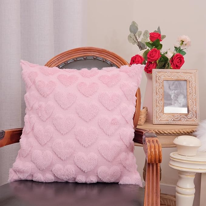 GEEORY Valentines Day Soft Plush Love Heart Pillow Covers, 20 x 20 Inch Set of 2, Faux Fur Wool Decorative Anniversary Cushion Case for Sofa Home Decoration Pink GC011-20