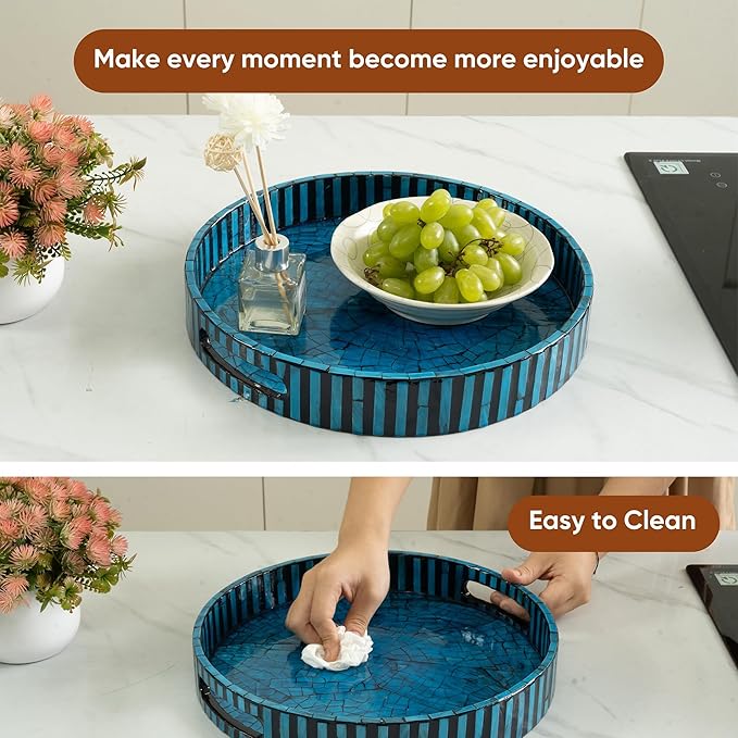 CLAYNIX Serving Tray 12.5 Inch, Lacquer Mother of Pearl Inlay Mosaic Tray, Round Wooden Marble Tray with Handles Trays for Tea, Breakfast (Dark Blue)