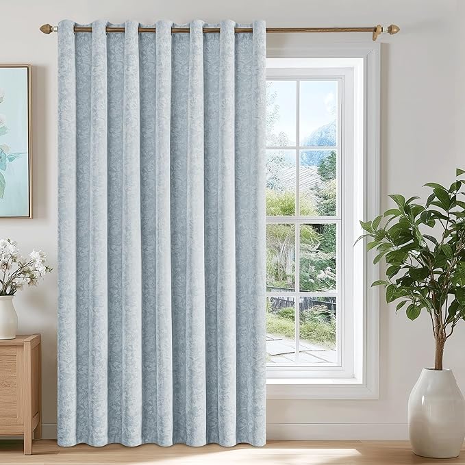 Beauoop Blue Floral Jacquard Blackout Curtains 84 Inches Long for Patio Sliding Door Extra Wide Chenille Flower Divider Room Darkening Thermal Soundproof Grommet Window Drapes, 100x84 Set of 1