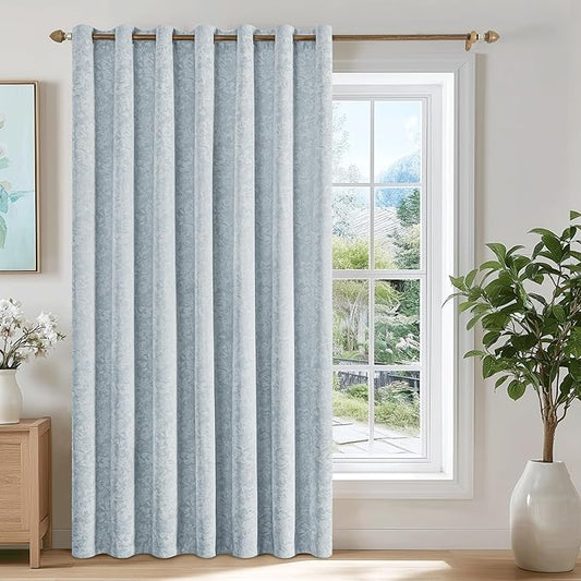 Beauoop Blue Floral Jacquard Blackout Curtains 84 Inches Long for Patio Sliding Door Extra Wide Chenille Flower Divider Room Darkening Thermal Soundproof Grommet Window Drapes, 100x84 Set of 1