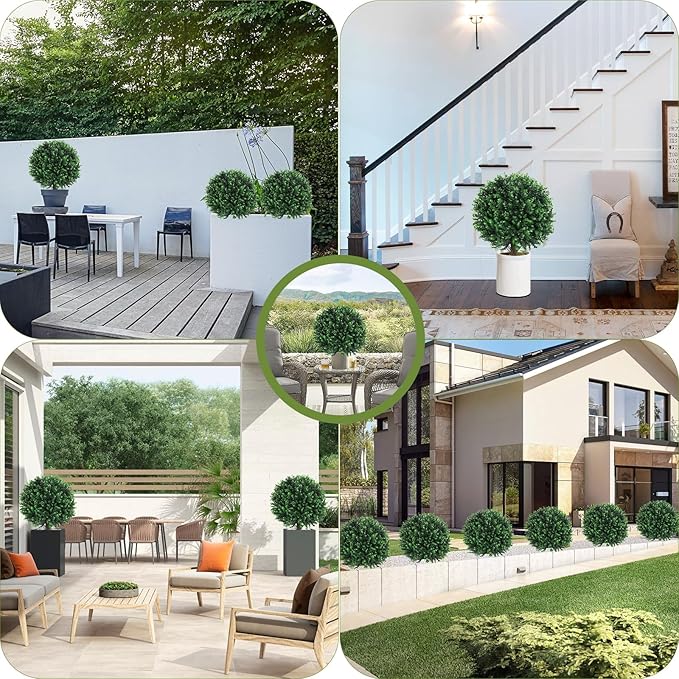 Artificial Green Boxwood Topiary Ball Bush for Outdoor with Spike, Set of 2 UV Resistant Faux Boxwood Ball Tree with Stake Weatherproof Fake Round Topiary Shrub Plant for Front Porch