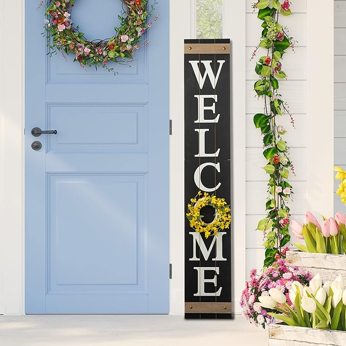 Glitzhome Welcome Sign for Front Door Porch, Farmhouse Wooden Hanging Wall Sign with 4 Interchangeable Floral Wreaths for Seasons Spring Summer Fall Harvest Thanksgiving Christmas, 60”H, Black