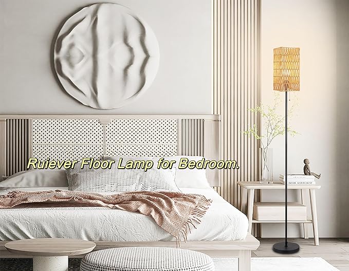 Floor Lamp for Living Room,Farmhouse Rattan Floor lamp,Modern Standing lamp with Hand-Worked Rattan Shade,Black Tall Lamp with Chain Switch (Square Shade)