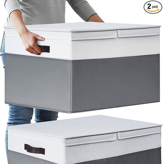 2 Pack EXTRA LARGE Blanket Storage Baskets with Lids, 22”x16”x12” Closet Organizers Bins for Clothes Towel/ Storage Box with Lid Handles/ Stackable Decorative Fabric Bins for Living Room, Nursery