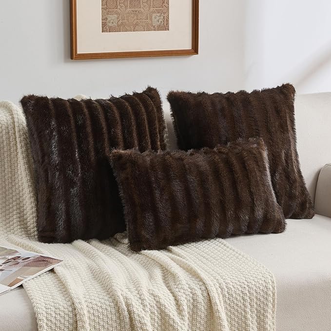 FUTEI Dark Coffee Decorative Throw Pillow Covers 18x18 Inch Set of 2,Soft Fluffy Faux Mink Fur Dyeing Striped Textured Cushion Case,Modern Home Decor for Couch Bed Living Room