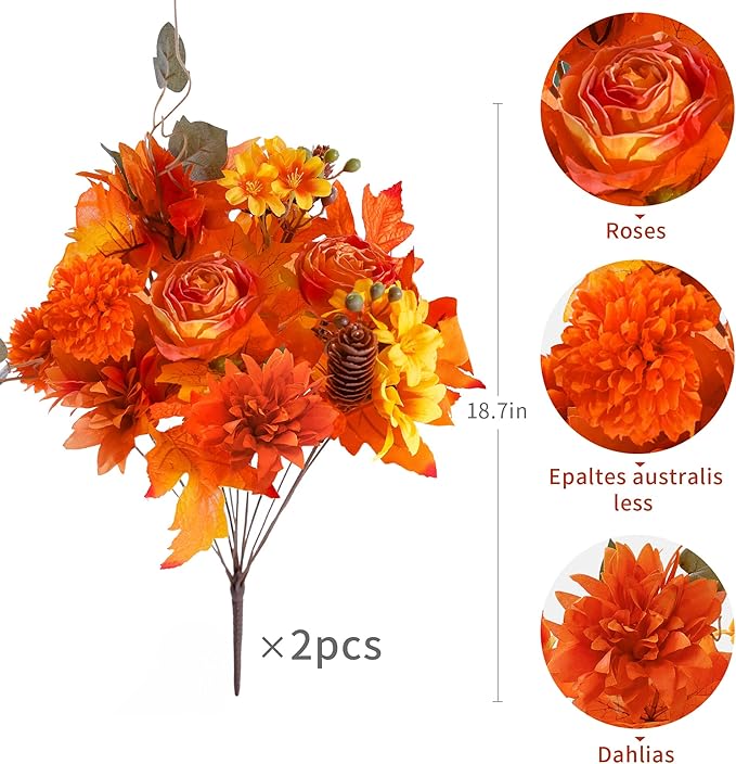 Anna's Whimsy 2 Pcs Fall Artificial Flowers,Artificial Plants Indoor, Fall Decor Silk Flowers Bouquet for Home Wedding Thanksgiving Decoration (Orange, 2)