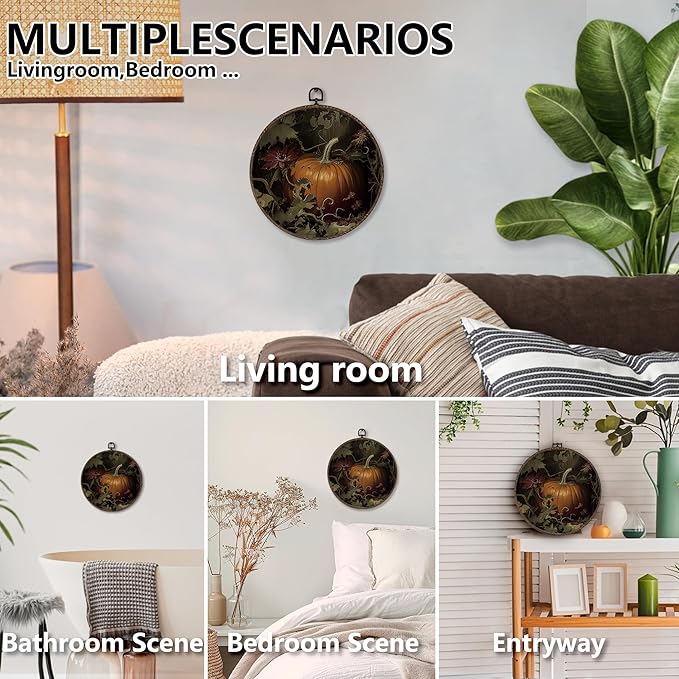 XNXLDYLH Vintage Fall Pumpkin Round Framed Wall Art Decor, Dark Cottagecore Antique Hanging Wall Decor Decorations, Dark Academia Fall Autumn Canvas Prints Wall Art Paintings for Living Room, 10x10In