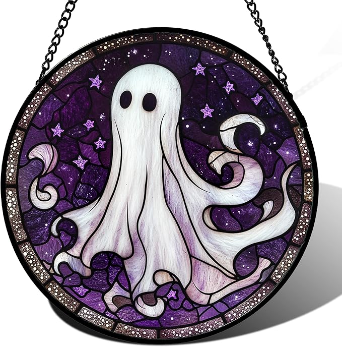 Stained Glass Window Hanging - Halloween Decorations White Ghost Purple Stars Suncatcher for Doors Garden Spooky Funny Sun Catchers Gothic Decor Horror Gifts for Women Men Friend 11.8 in