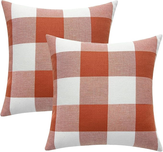 MIULEE Fall Throw Pillow Covers Pack of 2 Decorative Classic Farmhouse Buffalo Check Plaids Polyester Linen Soft Cushion Case for Couch Sofa Bedroom Outdoor 20 x 20 Inch, Burnt Orange