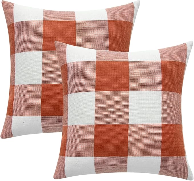 MIULEE Fall Throw Pillow Covers Pack of 2 Decorative Classic Farmhouse Buffalo Check Plaids Polyester Linen Soft Cushion Case for Couch Sofa Bedroom Outdoor 16 x 16 Inch, Burnt Orange