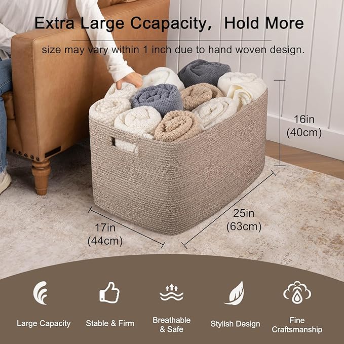 OIAHOMY 118L XXXLarge Cotton Rope Storage Basket, Oversized Blanket Basket, Used for Organizing Dirty Clothes in Living Room, Bedroom, Nursery, Dog Toy Storage Bins, 25" x 17" x 16",Brown variegated