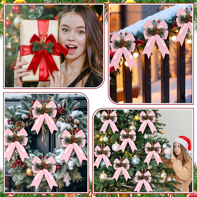 Syhood 6 Pcs Christmas Velvet Bow with Pine Cones Pine Needles Berries Xmas Pink Ribbon Bow Ornaments 6.3 x 5.1 Inch for Christmas Tree Wreath Garden Fireplace Crafts DIY Decor