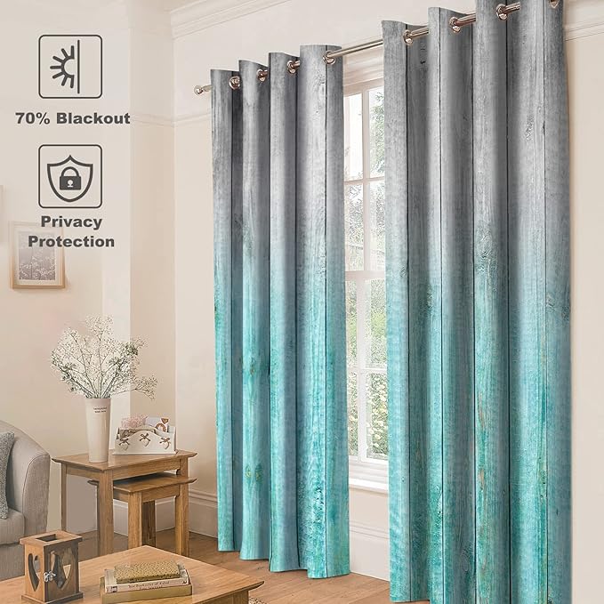 Jekeno Wooden Blackout Curtains Blue Gradient Wood Board of Farmhouse Village Rural Lodge Nature Retro Decor for Home Bedroom Living Room Grommet Window Drapes 2 Panel Set, 52"x84"