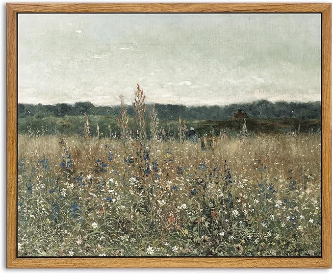 KBKBART Framed Canvas Print Wall Art, Vintage Wall art Wildflower Field Vintage Print, Neutral Country Meadow Landscape Nature Painting Rustic Farmhouse Decor, Retro Botanical Bathroom Wall Decor for