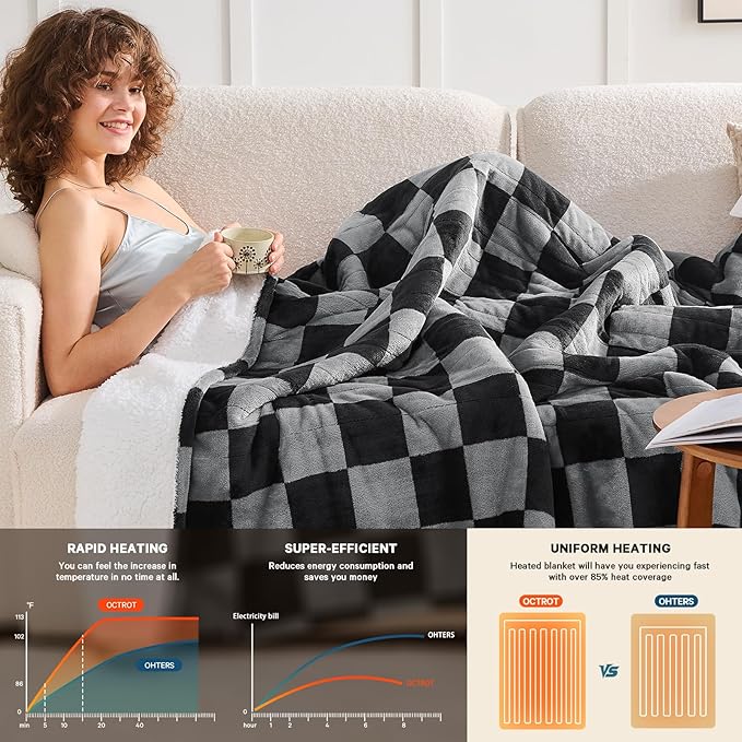 Heated Electric Blanket Twin Size, 62X84 Heating Blanket with 10 Heat Level & 8 Hours Auto Off, Black Gray Checkered Plaid Soft Fleece Sherpa Blankets Warmer Gifts for Couch Grandma Women Adults, ETL