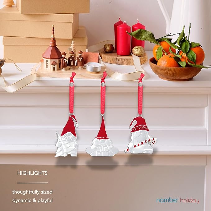 Nambe Whimsical Holiday Mini Gnome Ornament Set – 3 Silver-Plated Hanging Gnome Decorations for Christmas Tree, Seasonal Collectible Ornaments, 3" Each, Silver Plate