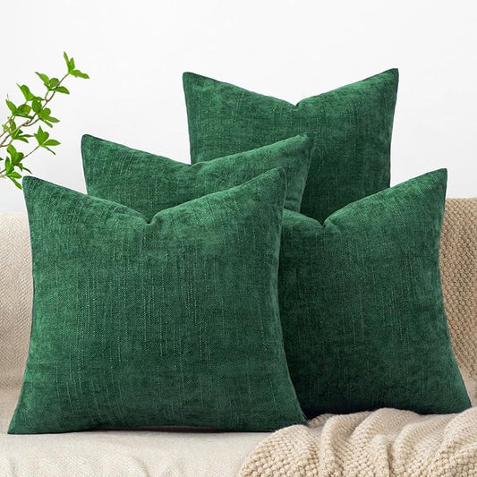Set of 4 Soft Textured Decorative Throw Pillow Covers 18x18 Inch Cozy Farmhouse Cushion Cover Square Accent Pillow Cases for Bed Couch Sofa Living Room, Dark Green